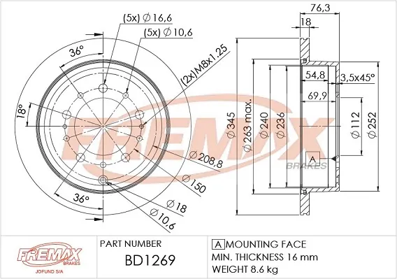 Disco do freio traseiro BD1269 Fremax
