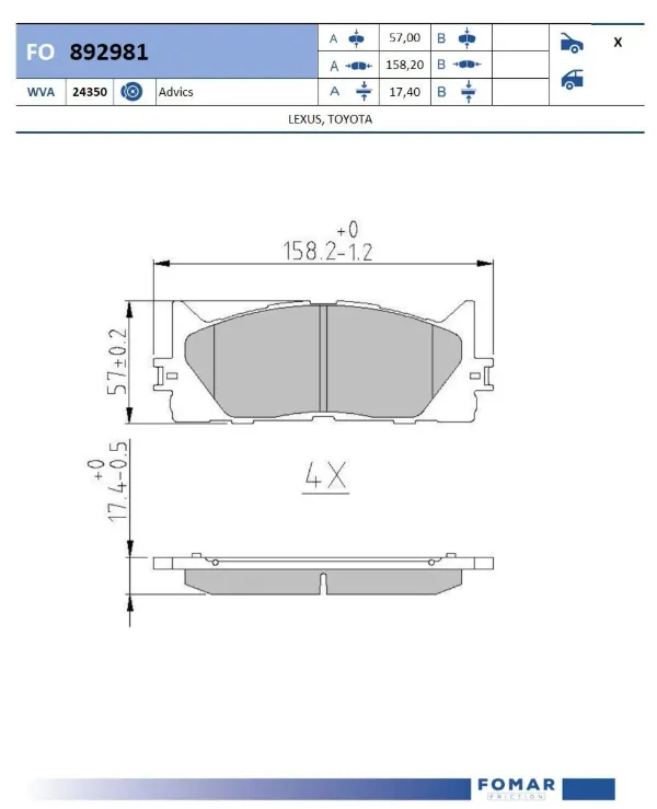 Sapatas do freio dianteiras de disco Toyota Camry VII