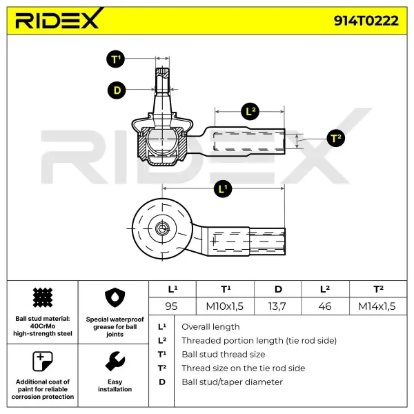 Ponta externa da barra de direção 914T0222 Ridex