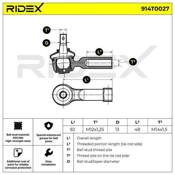 Ponta externa da barra de direção 914T0027 Ridex