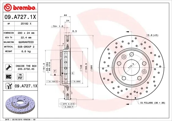Disco do freio dianteiro 09A7271X Brembo