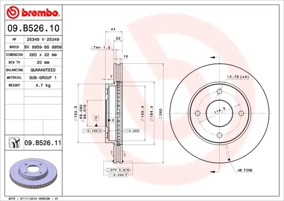 Disco do freio dianteiro 09B52611 Brembo