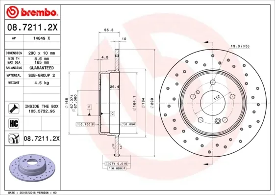 Disco do freio traseiro 0872112X Brembo