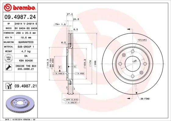 Disco do freio dianteiro 09498721 Brembo