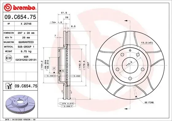 Disco do freio dianteiro 09C65475 Brembo