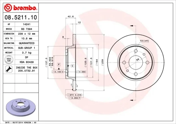 Disco do freio dianteiro 08521110 Brembo