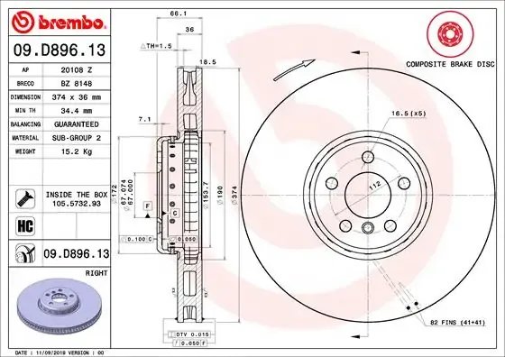 Disco do freio dianteiro 09D89613 Brembo