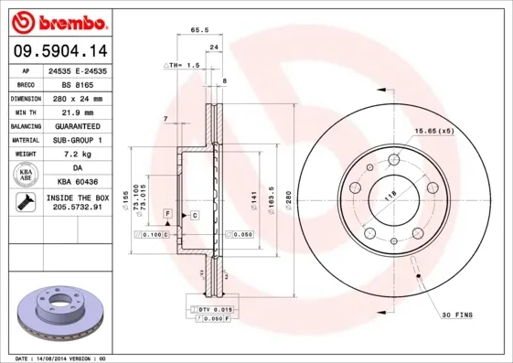 Disco do freio dianteiro 09590414 Brembo