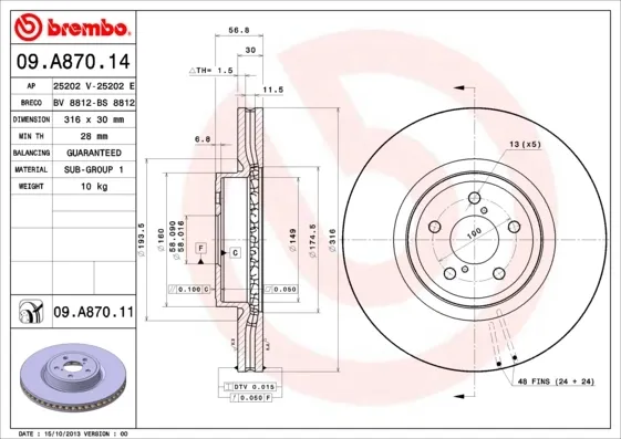 Disco do freio dianteiro 09A87014 Brembo