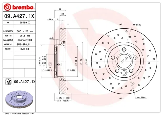 Disco do freio dianteiro 09A4271X Brembo