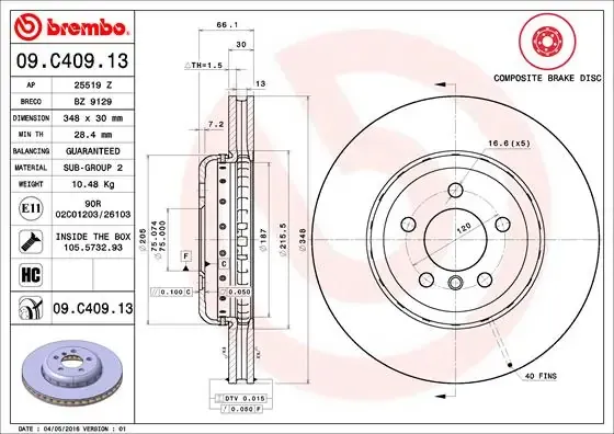Disco do freio dianteiro 09C40913 Brembo