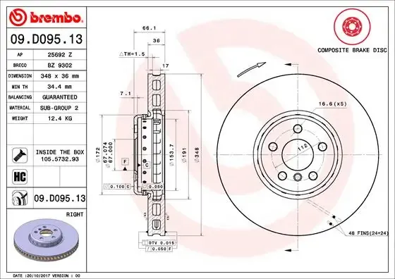 Disco do freio dianteiro 09D09513 Brembo