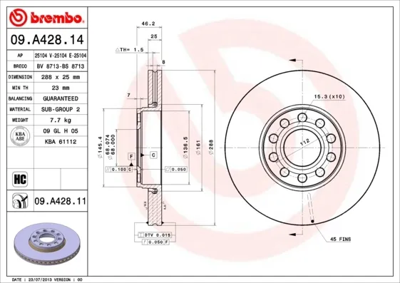 Disco do freio dianteiro 09A42811 Brembo