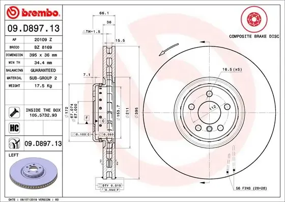 Disco do freio dianteiro 09D89713 Brembo