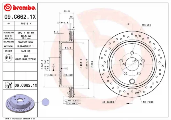 Disco do freio traseiro 09C6621X Brembo