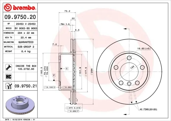 Disco do freio dianteiro 09975021 Brembo