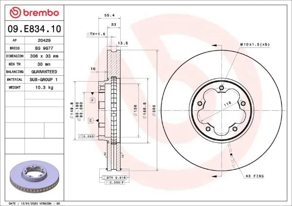 Disco do freio dianteiro 09E83410 Brembo