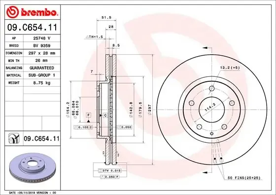 Disco do freio dianteiro 09C65411 Brembo