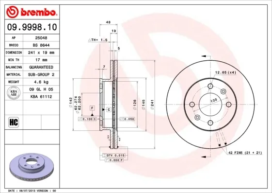 Disco do freio dianteiro 09999810 Brembo