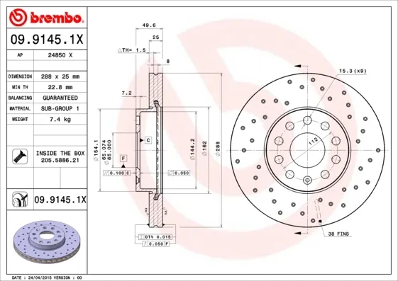 Disco do freio dianteiro 0991451X Brembo
