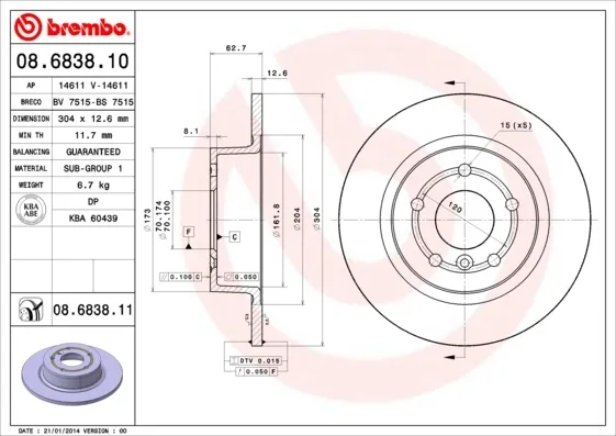 Disco do freio traseiro 08683810 Brembo