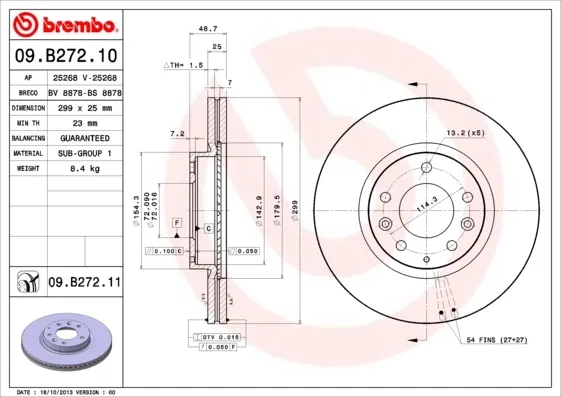 Disco do freio dianteiro 09B27210 Brembo