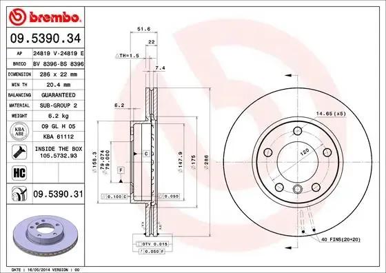 Disco do freio dianteiro 09539031 Brembo