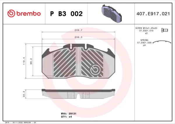Sapatas do freio dianteiras de disco PB3002 Brembo