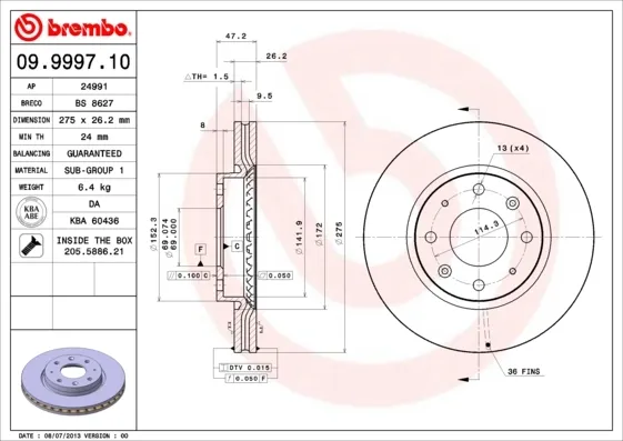 Disco do freio dianteiro 09999710 Brembo