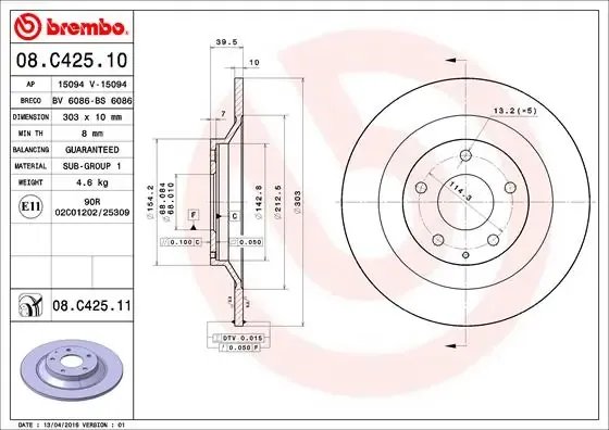 Disco do freio traseiro 08C42511 Brembo