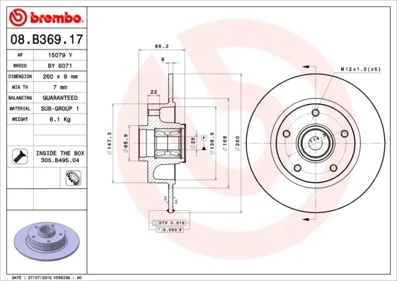 Disco do freio traseiro 08B36917 Brembo