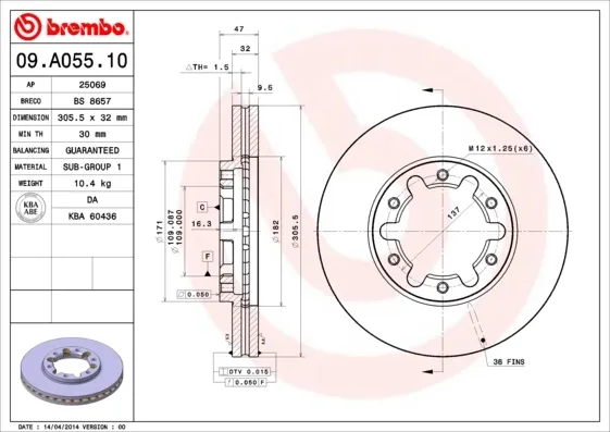 Disco do freio dianteiro 09A05510 Brembo