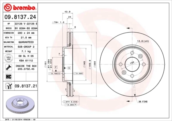 09.8137.21 Brembo disco do freio dianteiro