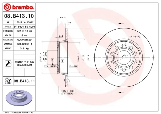 Disco do freio traseiro 08B41311 Brembo