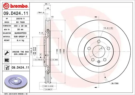 Disco do freio traseiro 09D42411 Brembo