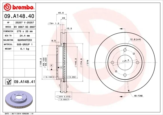 Disco do freio dianteiro 09A14841 Brembo