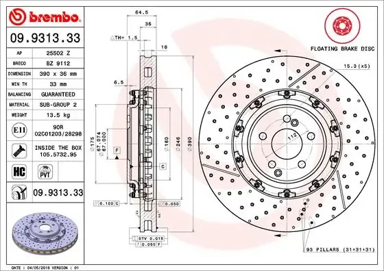 Disco do freio dianteiro 09931333 Brembo