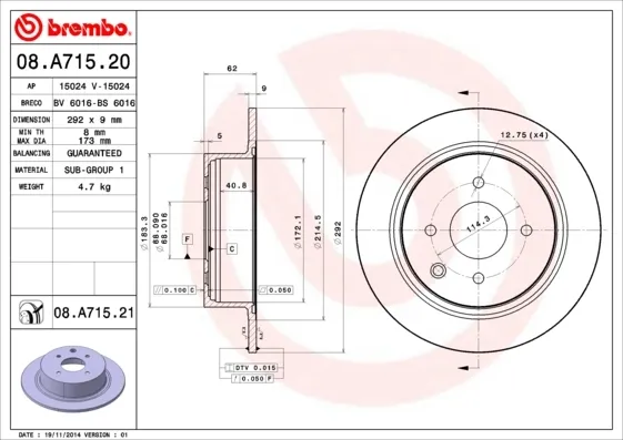 Disco do freio traseiro 08A71520 Brembo