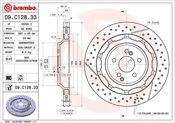 Disco do freio traseiro 09C12833 Brembo