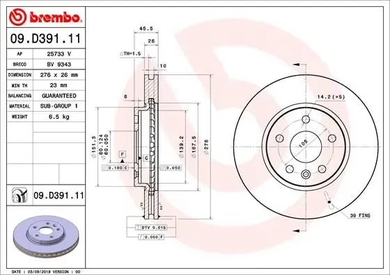 Disco do freio dianteiro 09D39111 Brembo
