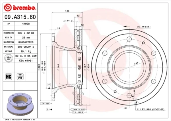 Disco do freio traseiro 09A31560 Brembo