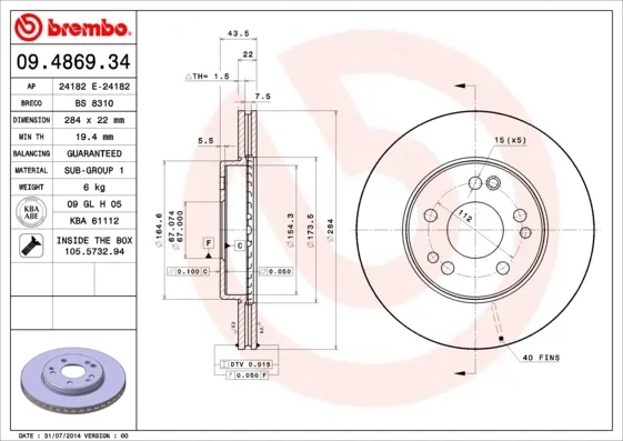 Disco do freio dianteiro 09486934 Brembo