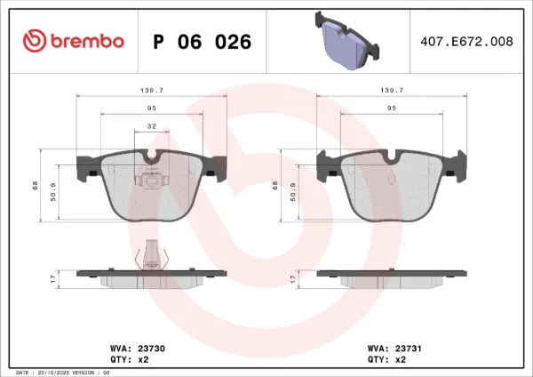 Sapatas do freio traseiras de disco P06026 Brembo