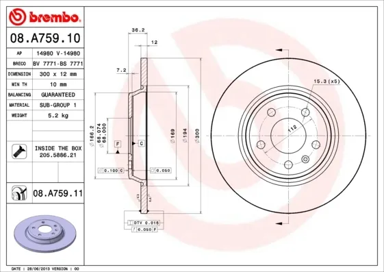 Disco do freio traseiro 08A75911 Brembo