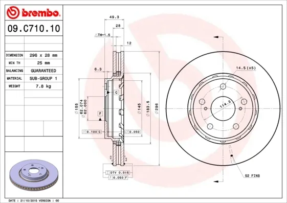 Disco do freio dianteiro 09C71011 Brembo