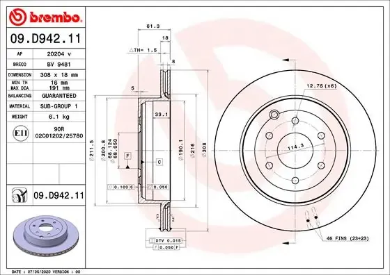 Disco do freio traseiro 09D94211 Brembo