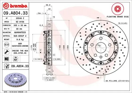 Disco do freio dianteiro 09A80433 Brembo