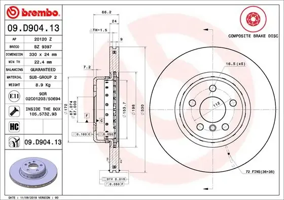 Disco do freio dianteiro 09D90413 Brembo
