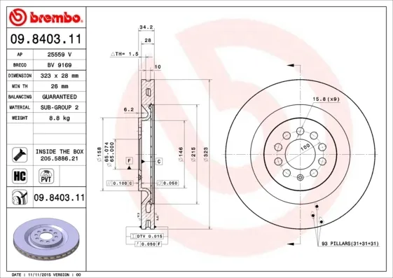 Disco do freio dianteiro 09840311 Brembo