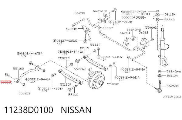Parafuso de fixação de braço oscilante de inclinação traseiro, externo 11238D0100 Nissan/Infiniti
